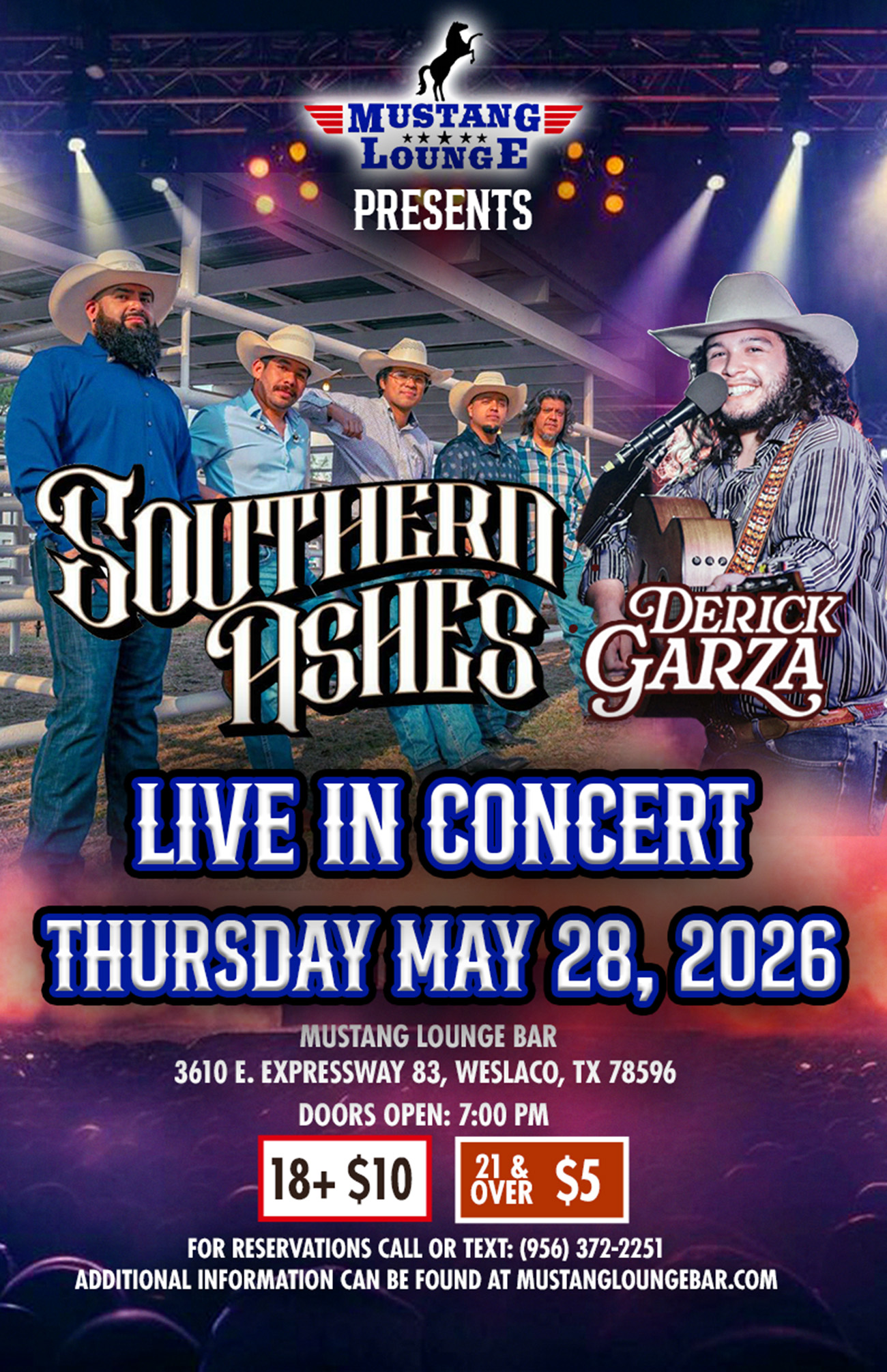 Southern Ashes & Derick Garza Live in Concert at Mustang Lounge Bar – Thursday, May 28, 2026
